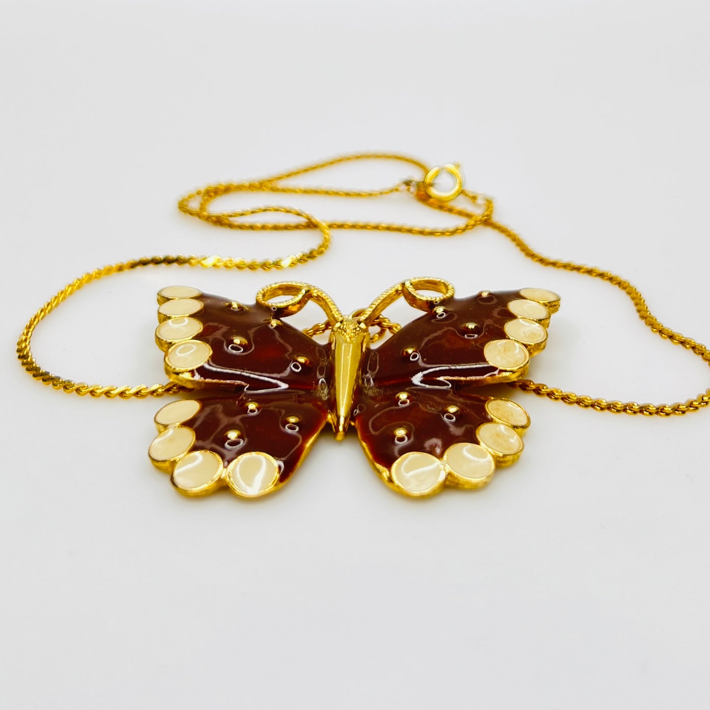 Vintage enamel butterfly necklace with ivory dot details, 18 inch chain