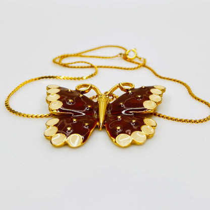 Vintage enamel butterfly necklace with ivory dot details, 18 inch chain