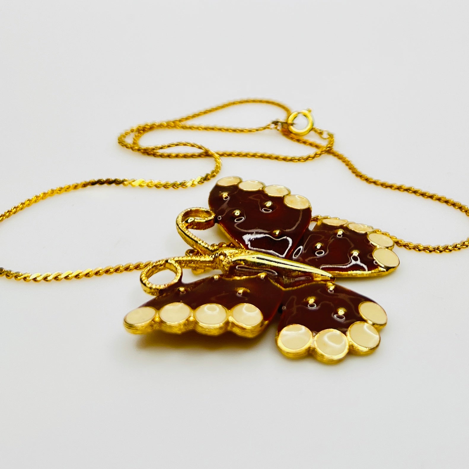 Vintage enamel butterfly necklace with ivory dot details, 18 inch chain