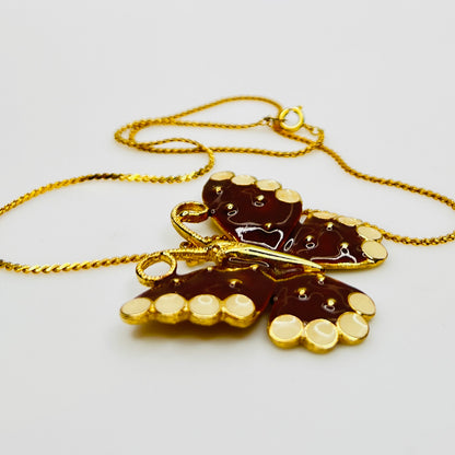 Vintage enamel butterfly necklace with ivory dot details, 18 inch chain