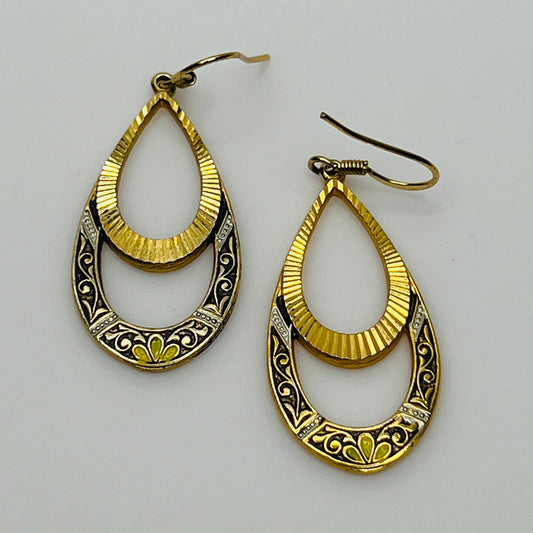 Gold teardrop dangle earrings with enamel scroll and floral design