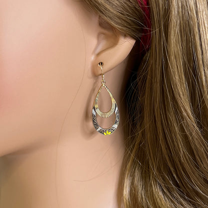 Gold teardrop dangle earrings with enamel scroll and floral design