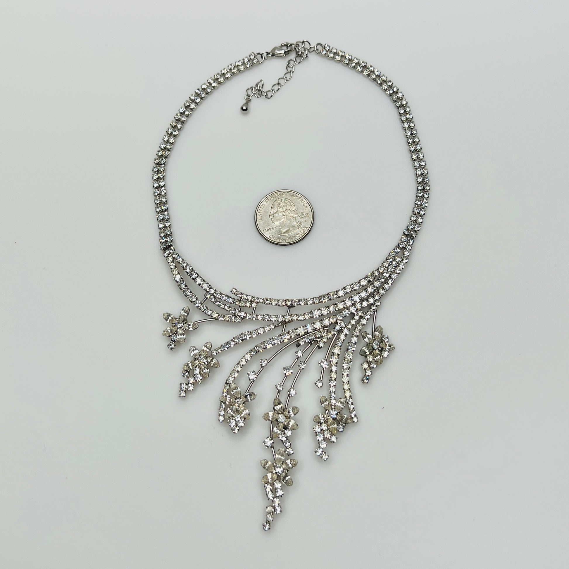 1950s bridal statement necklace with five-inch wide rhinestone bib