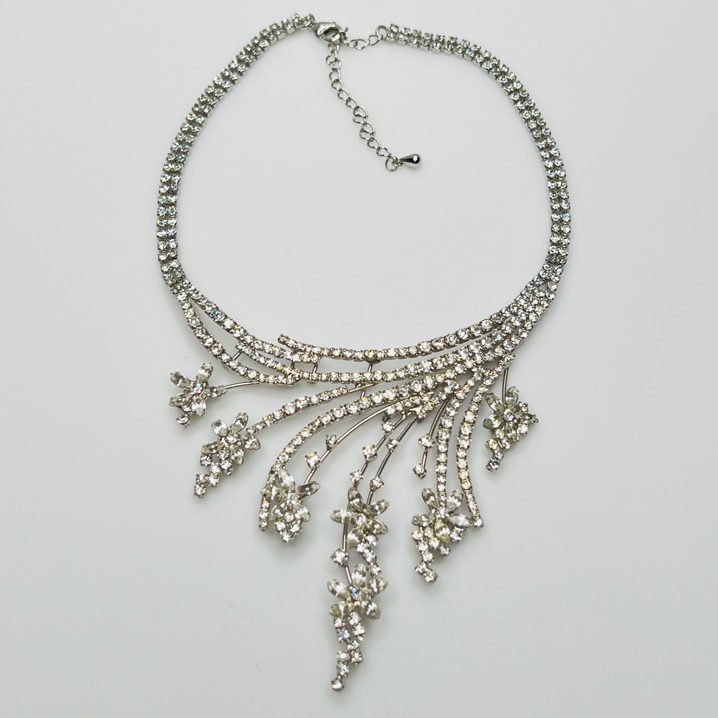 1950s bridal statement necklace with five-inch wide rhinestone bib