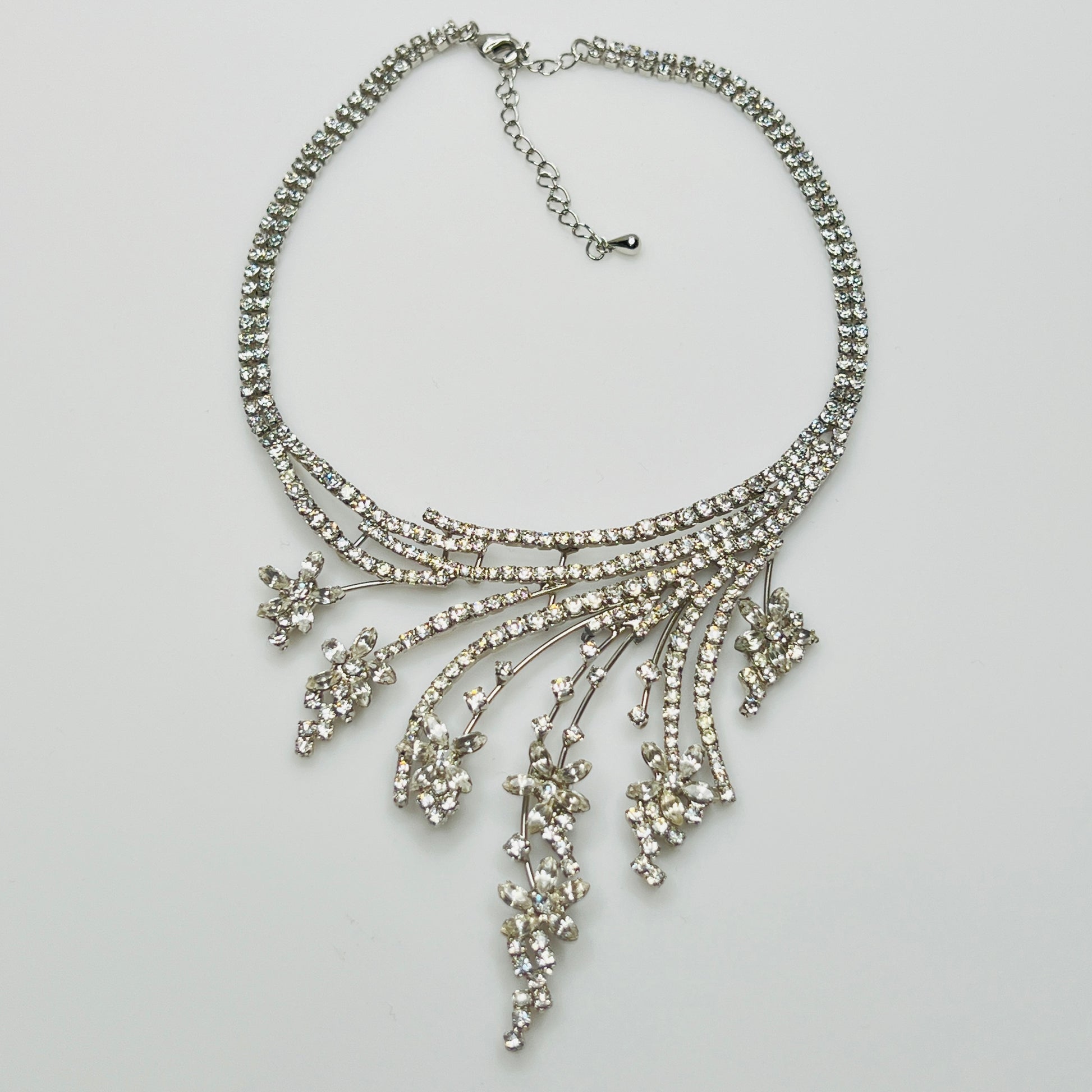 1950s bridal statement necklace with five-inch wide rhinestone bib