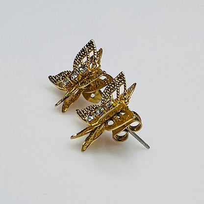 Vintage gold filigree butterfly stud earrings with rhinestone accents