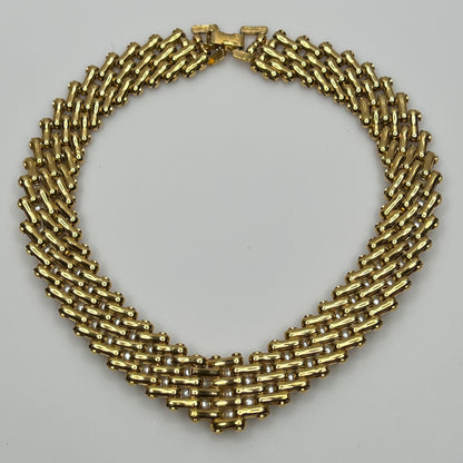 V-shaped gold-tone choker necklace with faux pearls in stacked link design