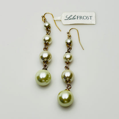 Vintage Lulu Frost long dangle earrings with graduated faux pearls on gold-tone wires
