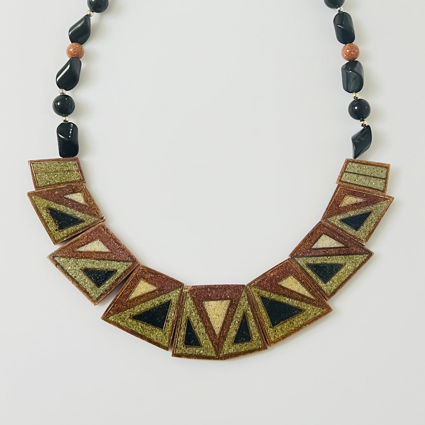 1980s geometric tile statement necklace with goldstone beads