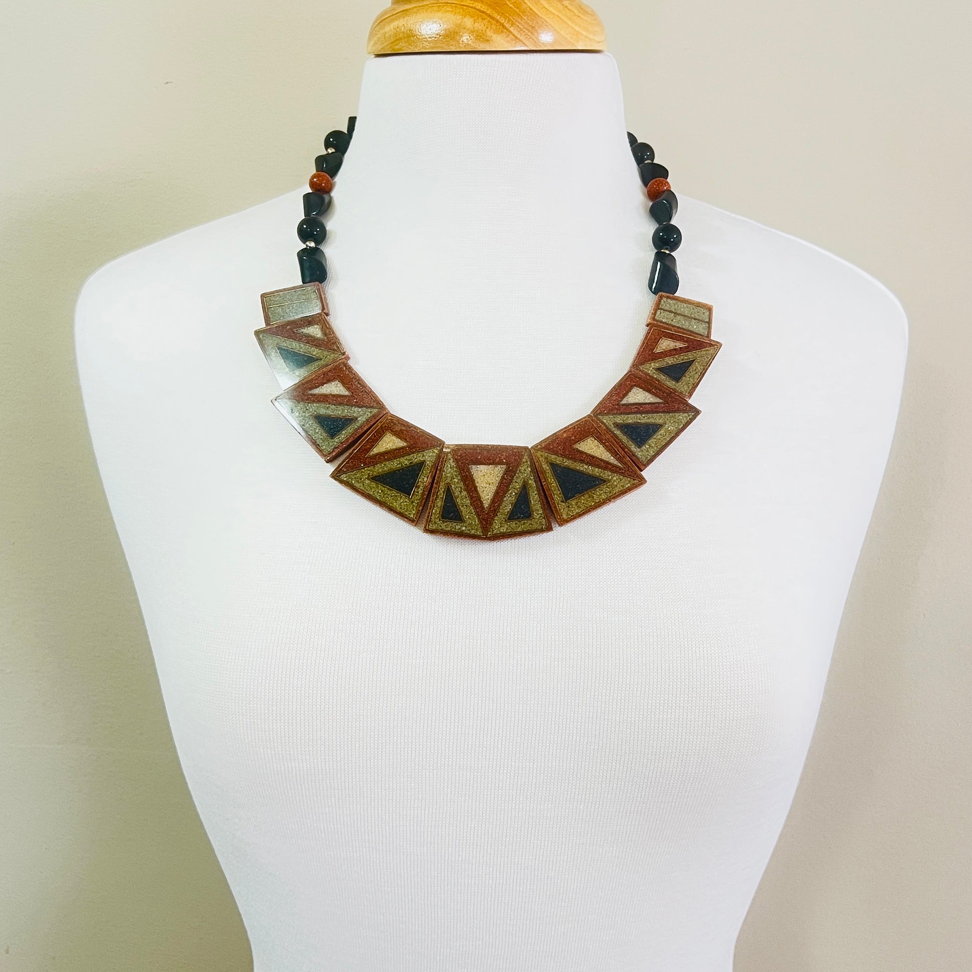 1980s geometric tile statement necklace with goldstone beads