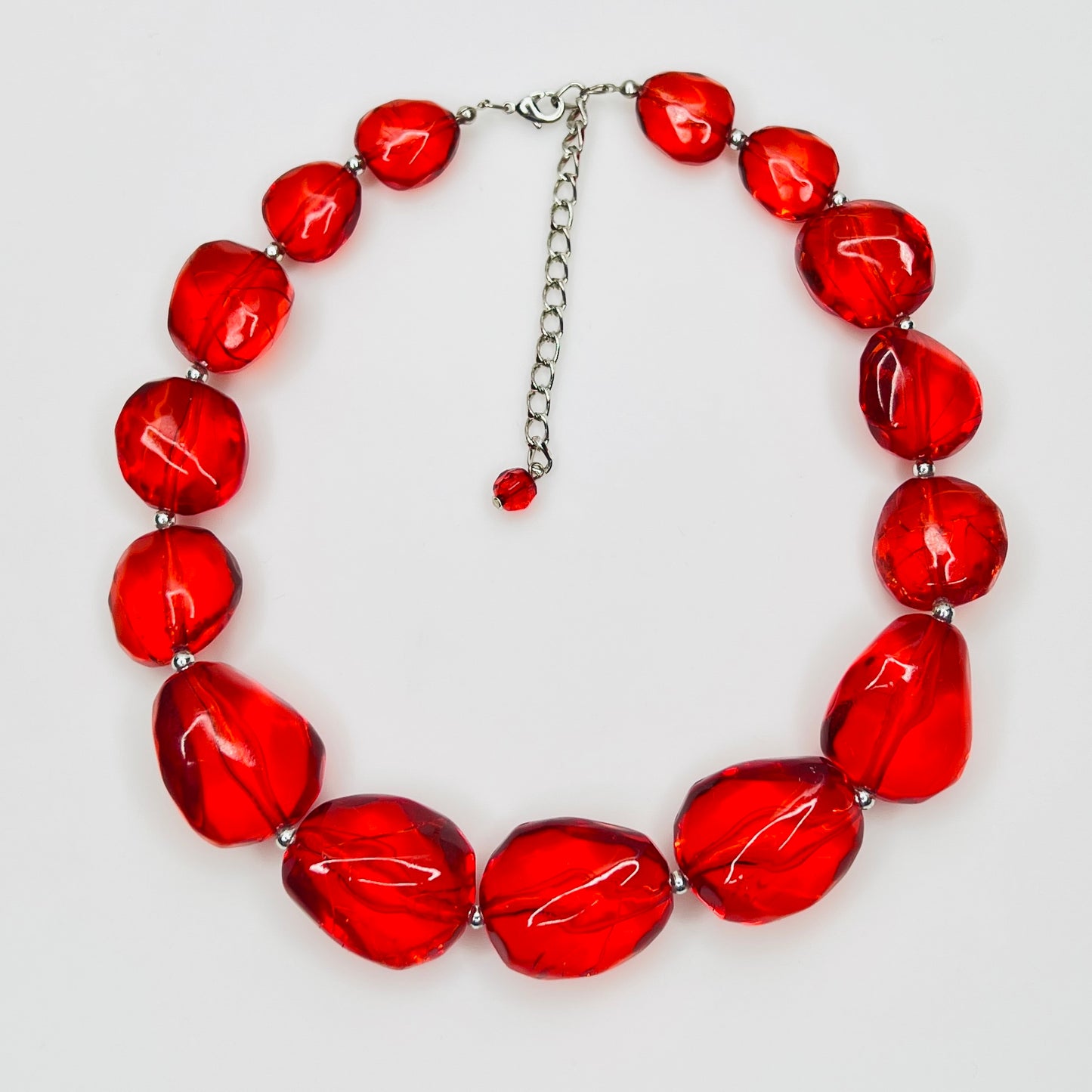Vintage chunky red acrylic bead choker necklace with silver-tone clasp and extender
