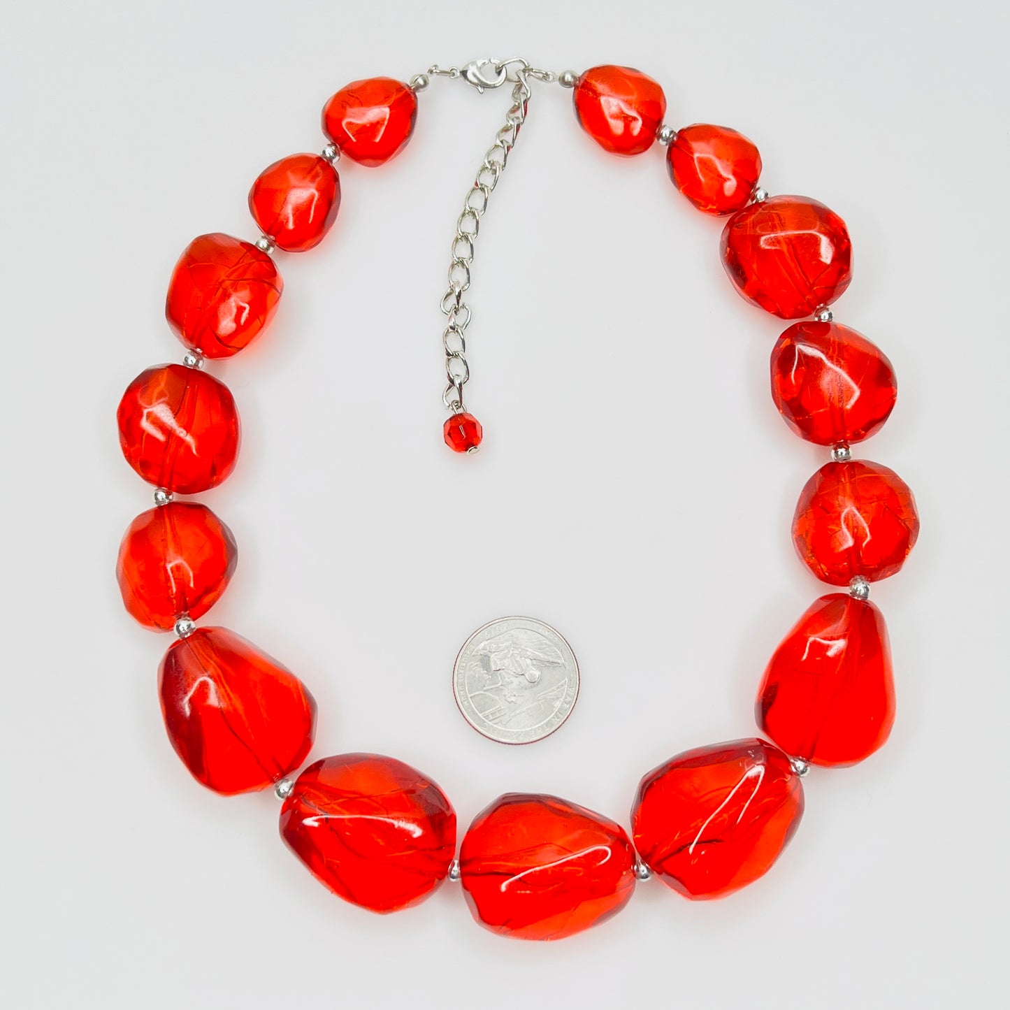 Vintage chunky red acrylic bead choker necklace with silver-tone clasp and extender