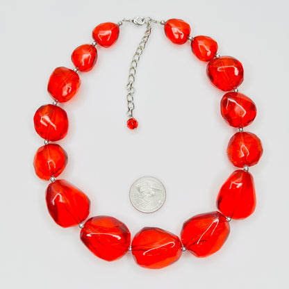 Vintage chunky red acrylic bead choker necklace with silver-tone clasp and extender