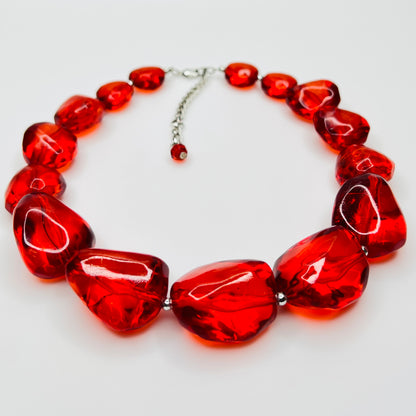 Vintage chunky red acrylic bead choker necklace with silver-tone clasp and extender