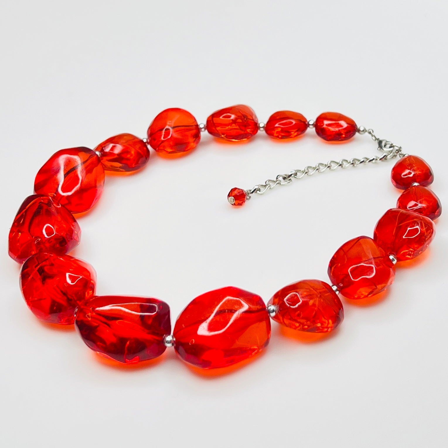 Vintage chunky red acrylic bead choker necklace with silver-tone clasp and extender