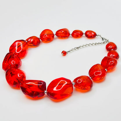 Vintage chunky red acrylic bead choker necklace with silver-tone clasp and extender