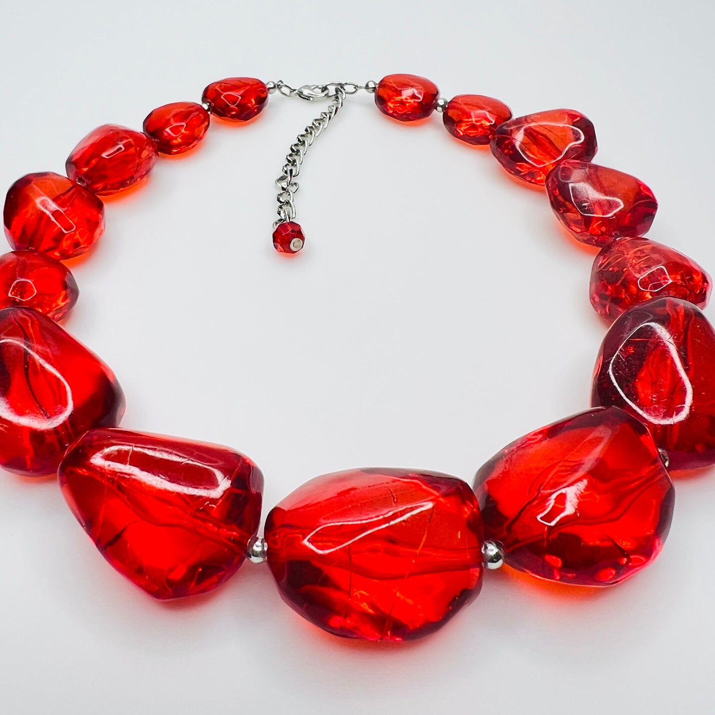 Vintage chunky red acrylic bead choker necklace with silver-tone clasp and extender