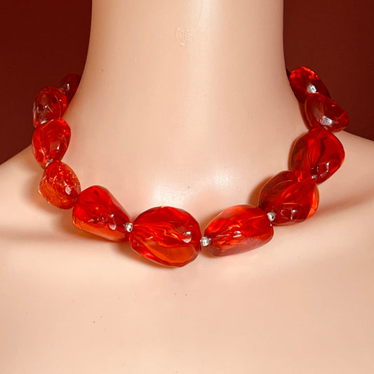 Vintage chunky red acrylic bead choker necklace with silver-tone clasp and extender