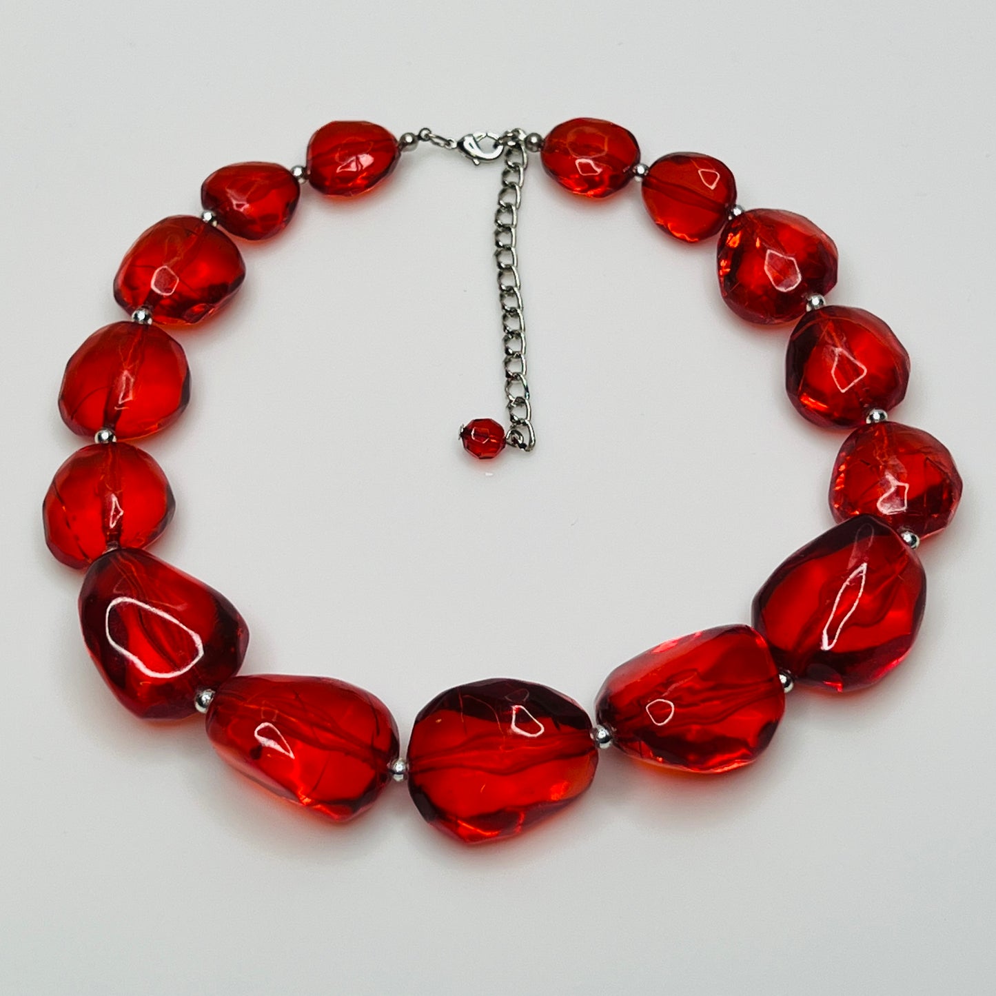 Vintage chunky red acrylic bead choker necklace with silver-tone clasp and extender