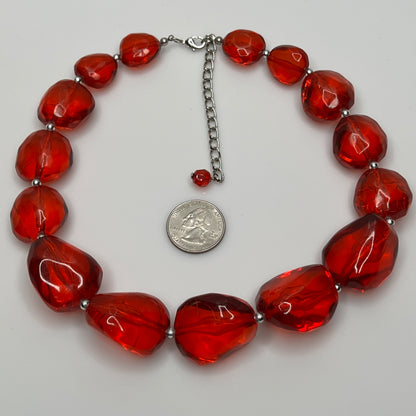 Vintage chunky red acrylic bead choker necklace with silver-tone clasp and extender