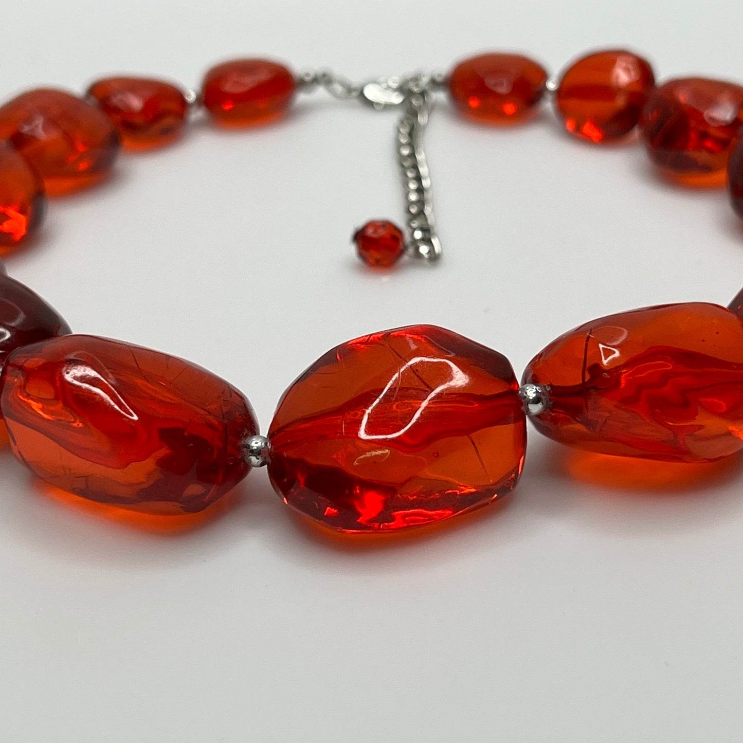 Vintage chunky red acrylic bead choker necklace with silver-tone clasp and extender