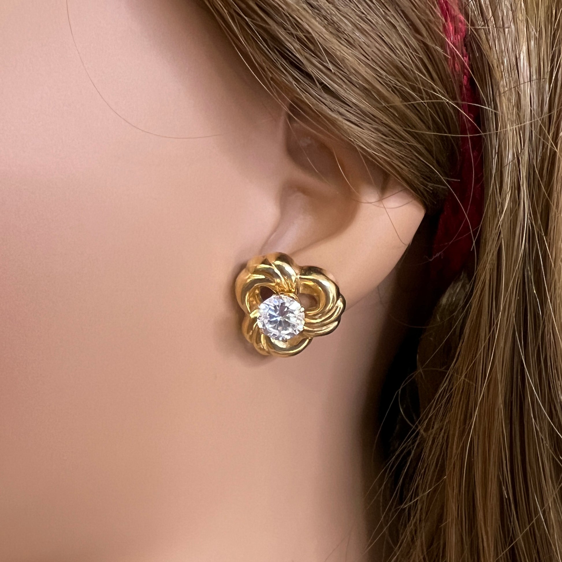 Convertible gold swirl earrings with clear crystal studs, 1980s