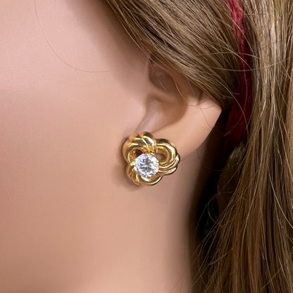 Convertible gold swirl earrings with clear crystal studs, 1980s