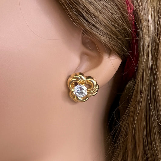 Convertible gold swirl earrings with clear crystal studs, 1980s