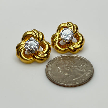 Convertible gold swirl earrings with clear crystal studs, 1980s