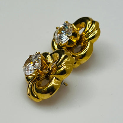 Convertible gold swirl earrings with clear crystal studs, 1980s