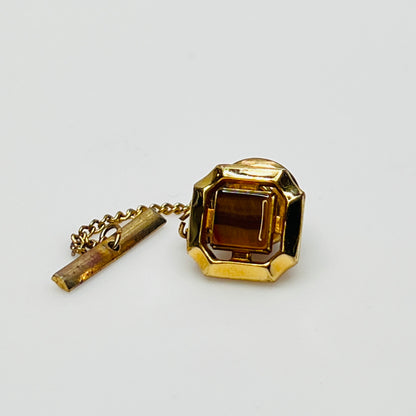 Gold square tie tack with tiger eye stone, vintage Anson design