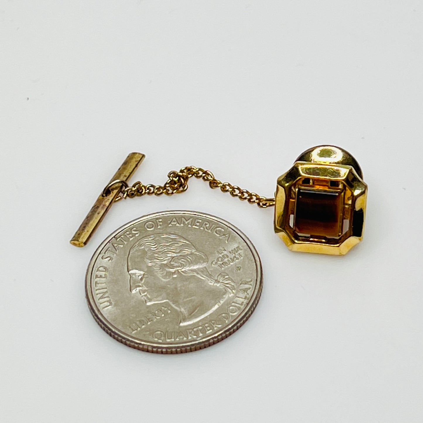 Gold square tie tack with tiger eye stone, vintage Anson design