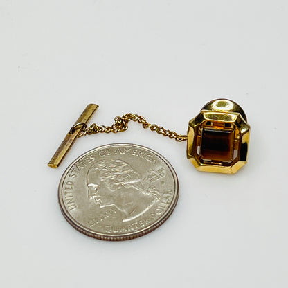 Gold square tie tack with tiger eye stone, vintage Anson design