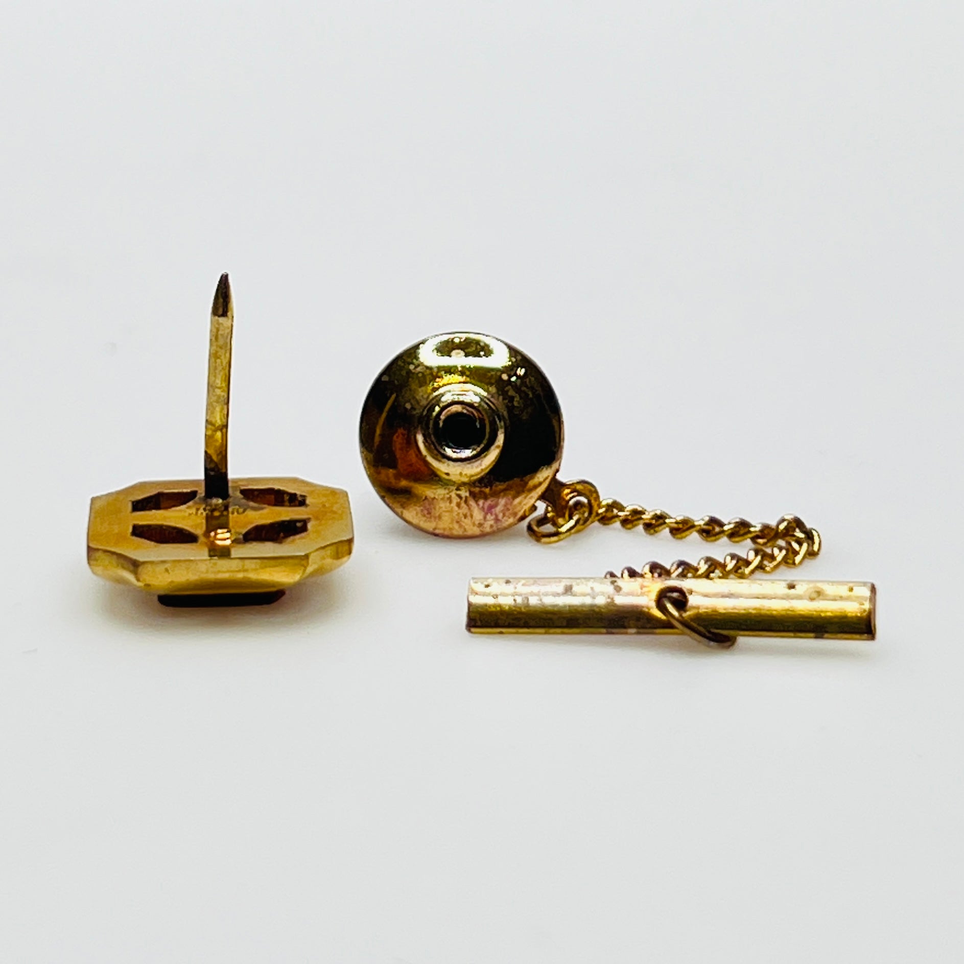 Gold square tie tack with tiger eye stone, vintage Anson design