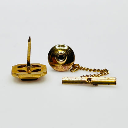 Gold square tie tack with tiger eye stone, vintage Anson design