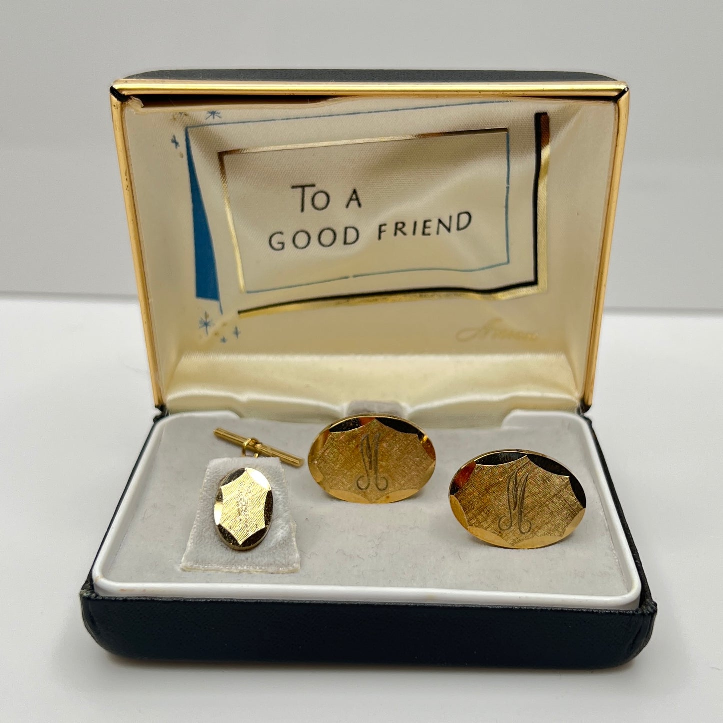 Vintage Anson cufflink and tie tack set in original box with "To a Good Friend" message