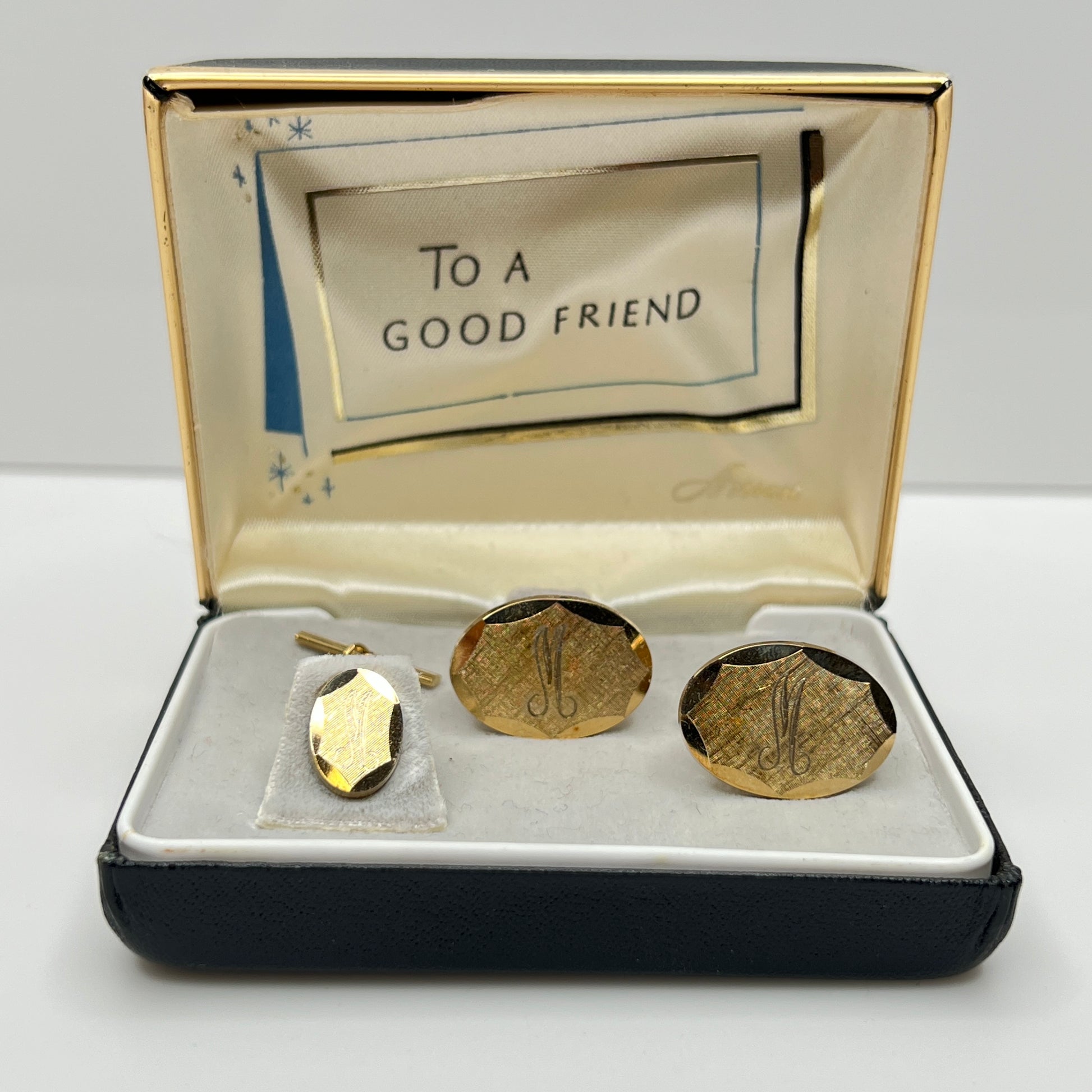 Vintage Anson cufflink and tie tack set in original box with "To a Good Friend" message