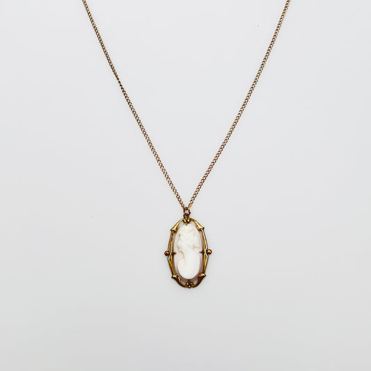 Victorian pink shell cameo pendant gold filled necklace portrait