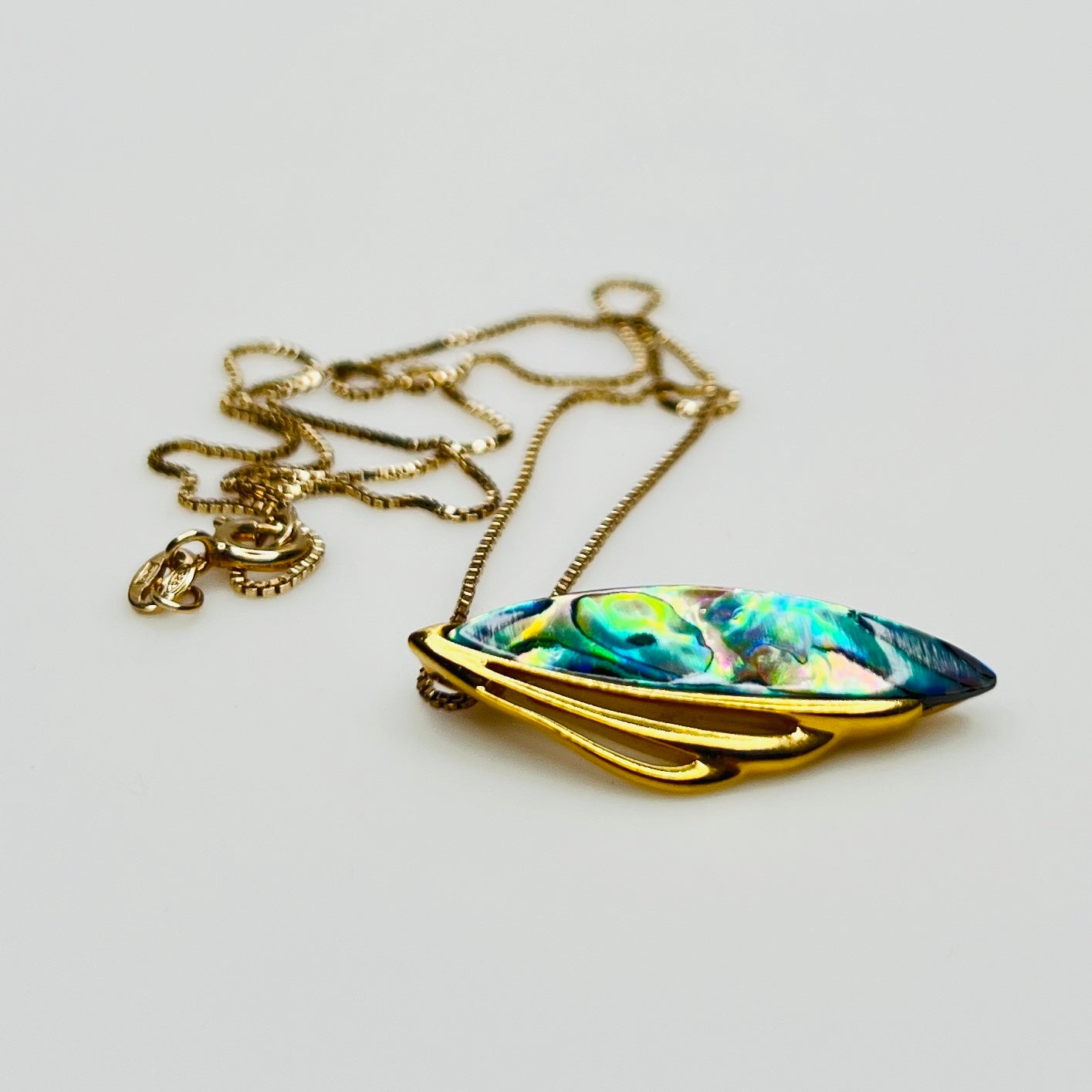 Vintage New Zealand paua shell necklace with vermeil chain