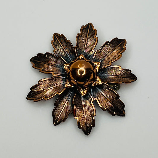 Vintage Copper Bell brooch with leaf motif and domed center flower