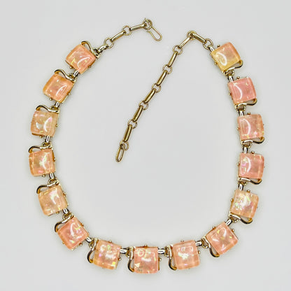 Coro Lucite confetti necklace with peach iridescent panels, gold-tone setting