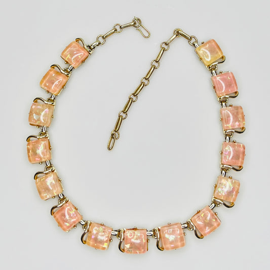 Coro Lucite confetti necklace with peach iridescent panels, gold-tone setting