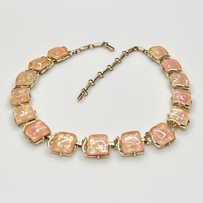 Coro Lucite confetti necklace with peach iridescent panels, gold-tone setting