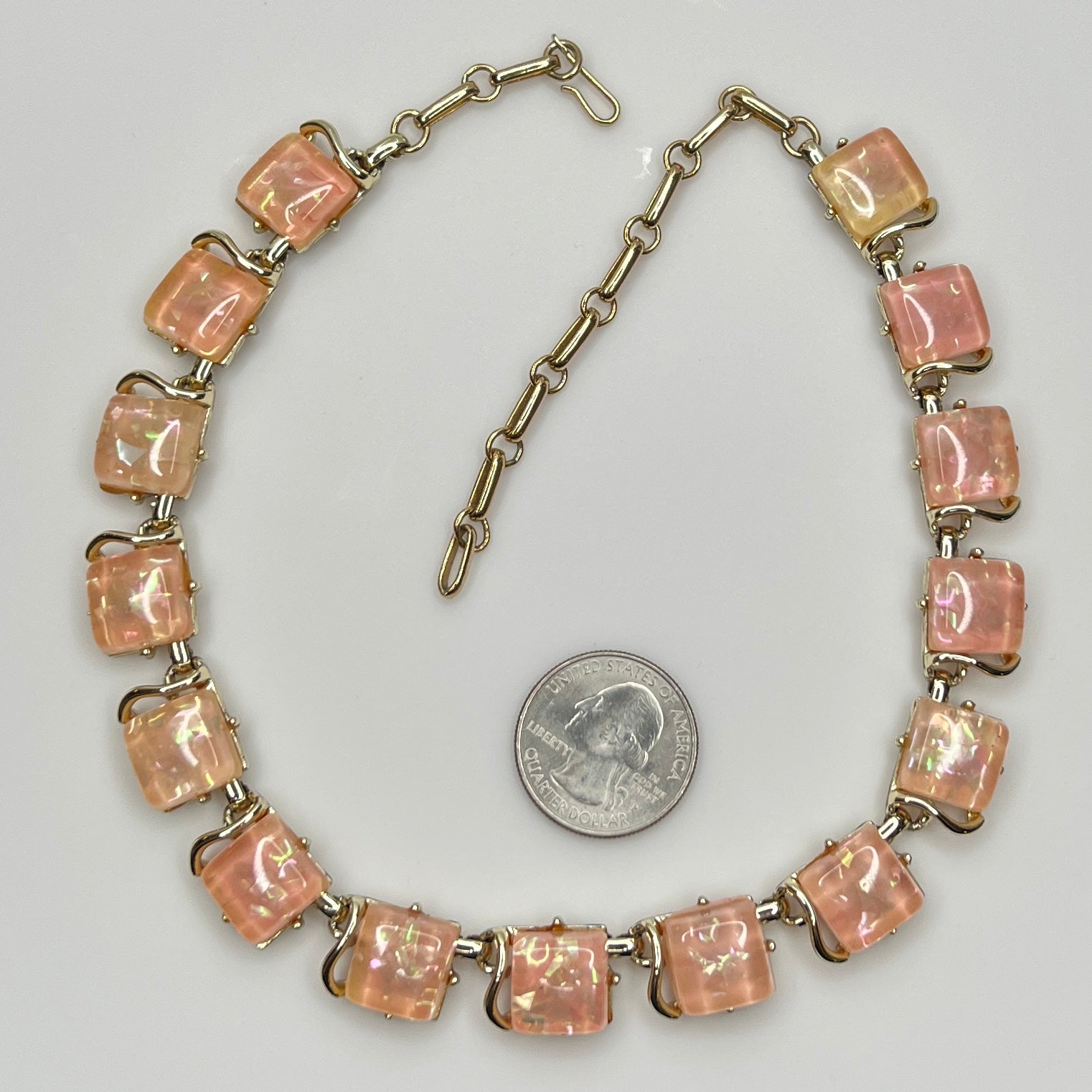 Coro Lucite confetti necklace with peach iridescent panels, gold-tone setting