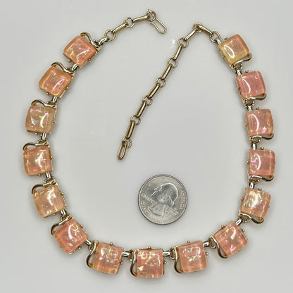 Coro Lucite confetti necklace with peach iridescent panels, gold-tone setting