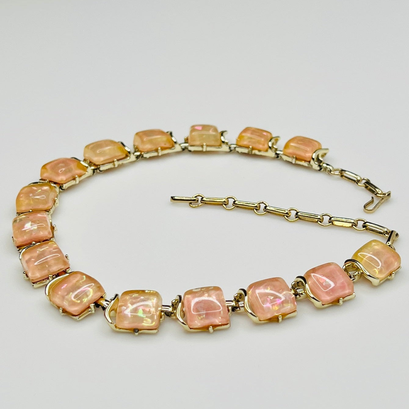 Coro Lucite confetti necklace with peach iridescent panels, gold-tone setting