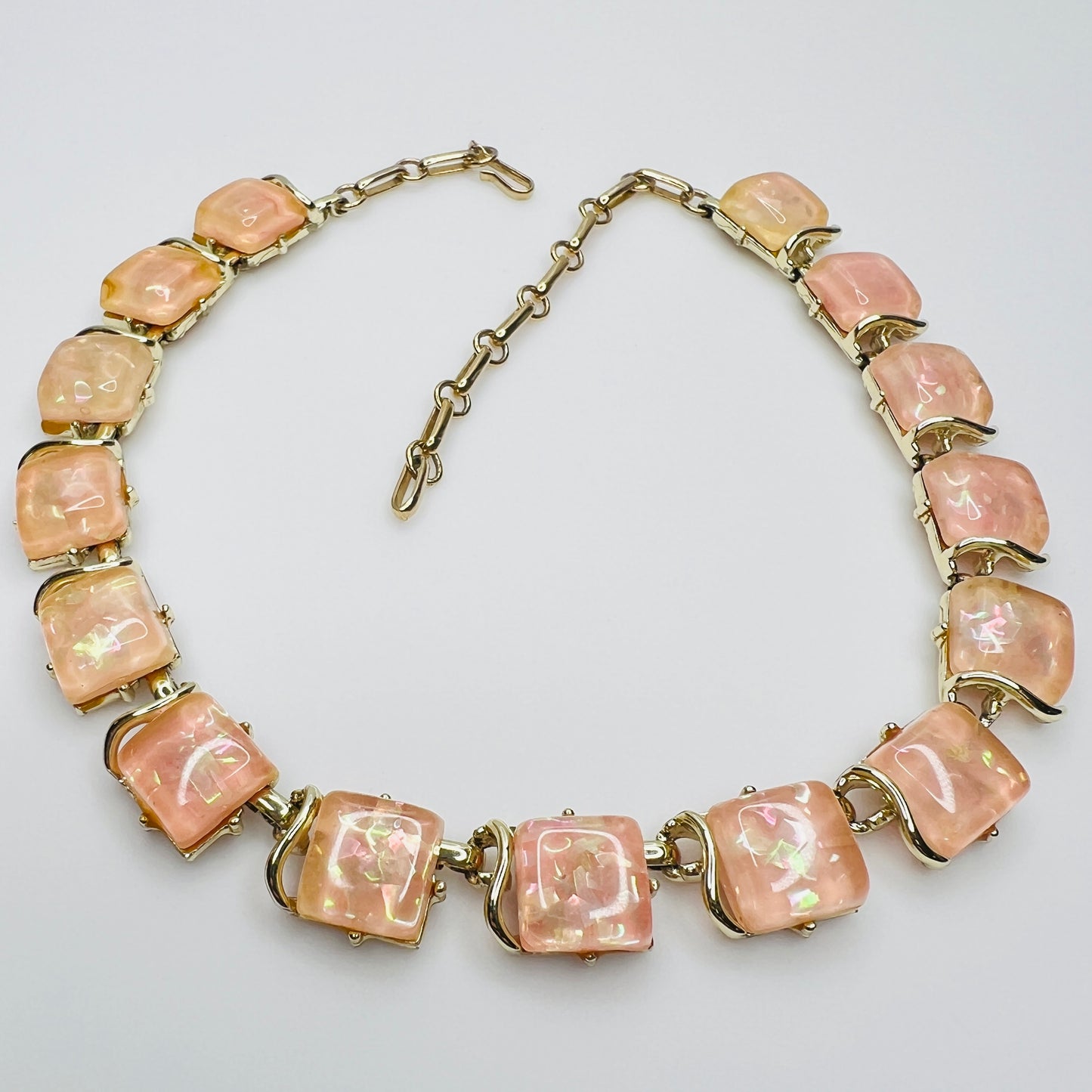 Coro Lucite confetti necklace with peach iridescent panels, gold-tone setting