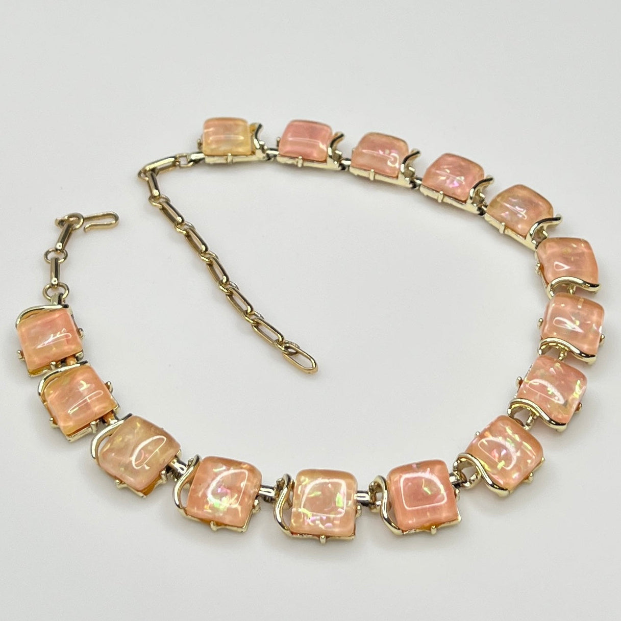 Coro Lucite confetti necklace with peach iridescent panels, gold-tone setting