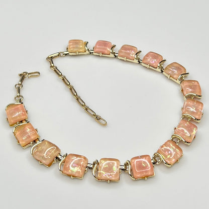 Coro Lucite confetti necklace with peach iridescent panels, gold-tone setting
