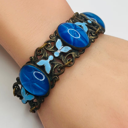 1930s Czech blue glass and enamel butterfly brass bracelet